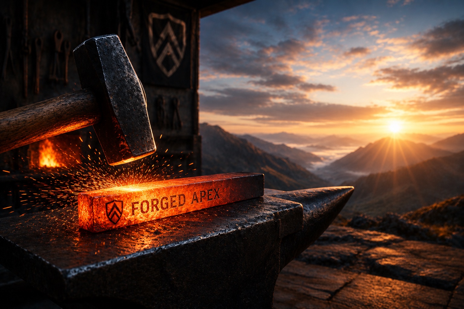 A glowing steel bar stamped Forged Apex being shaped on an anvil at sunrise